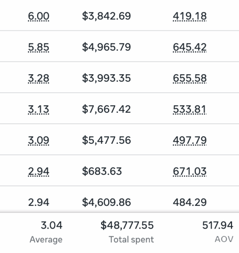 Ads Manager campaigns: 3.04 average purchase ROAS on $48,777 spent, $517.94 AOV